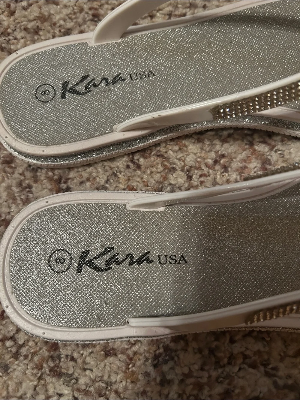 Kara USA white Rhinestone Thong Sandals with Silver Footbed